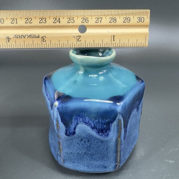 Kotobuki Peppercorn Hexagon Vase Set 2 Made in Japan W Tags Blue Green Glaze VTG - Picture 4 of 16